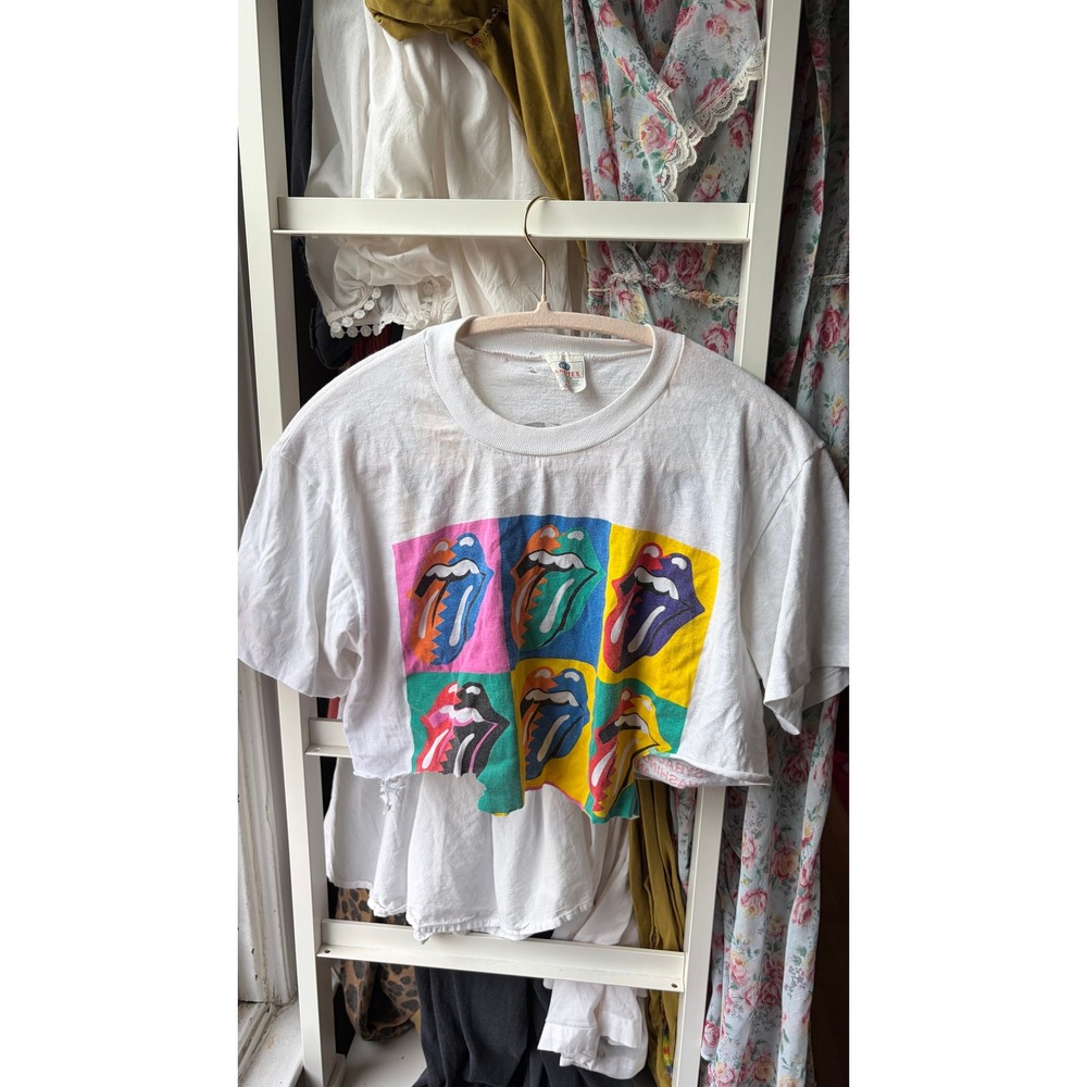 Rolling Stones T-Shirt Womens Large White Vintage 1989 Tour Destroyed Crop Tee